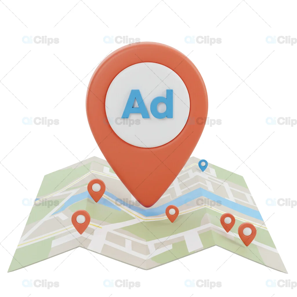 3D Location Pin with Ad Text on Folded Map