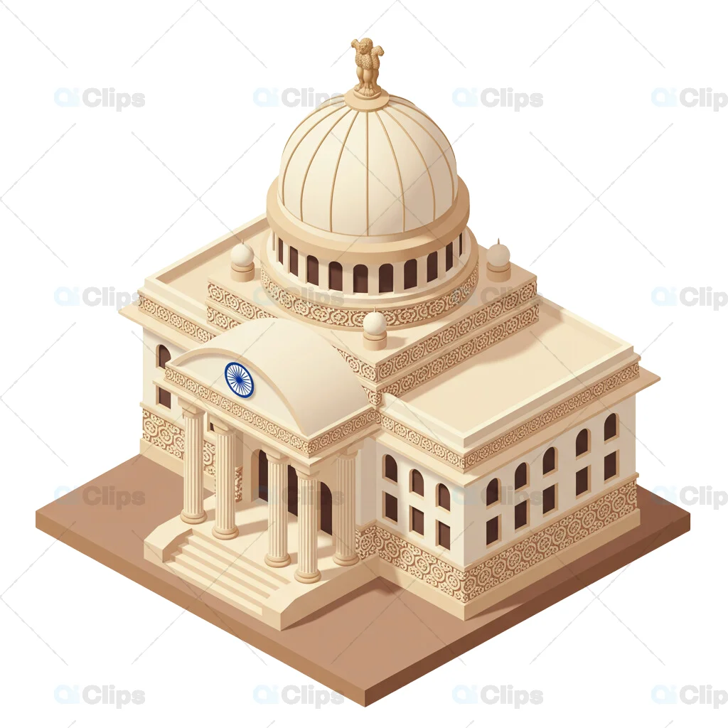 Isometric Indian Government Building with Ornate Dome and Ashoka Symbol