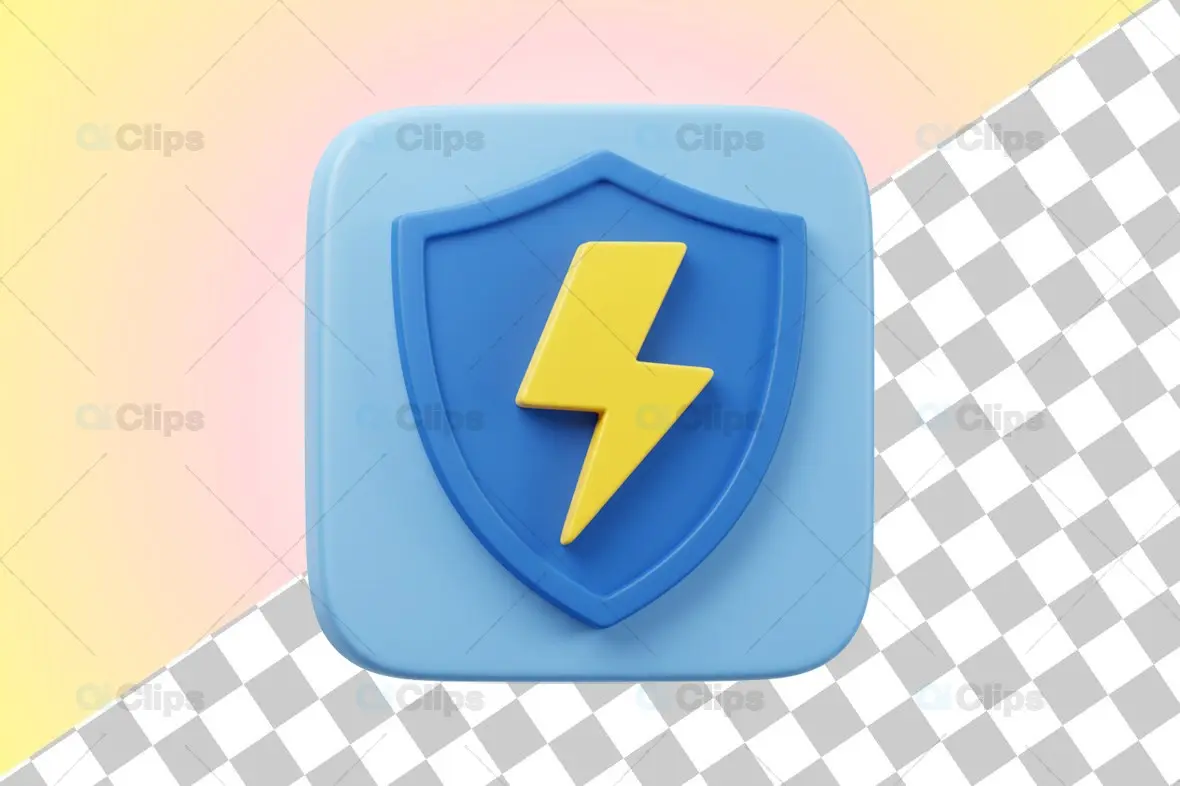 3D Security Shield with Lightning Icon Illustration