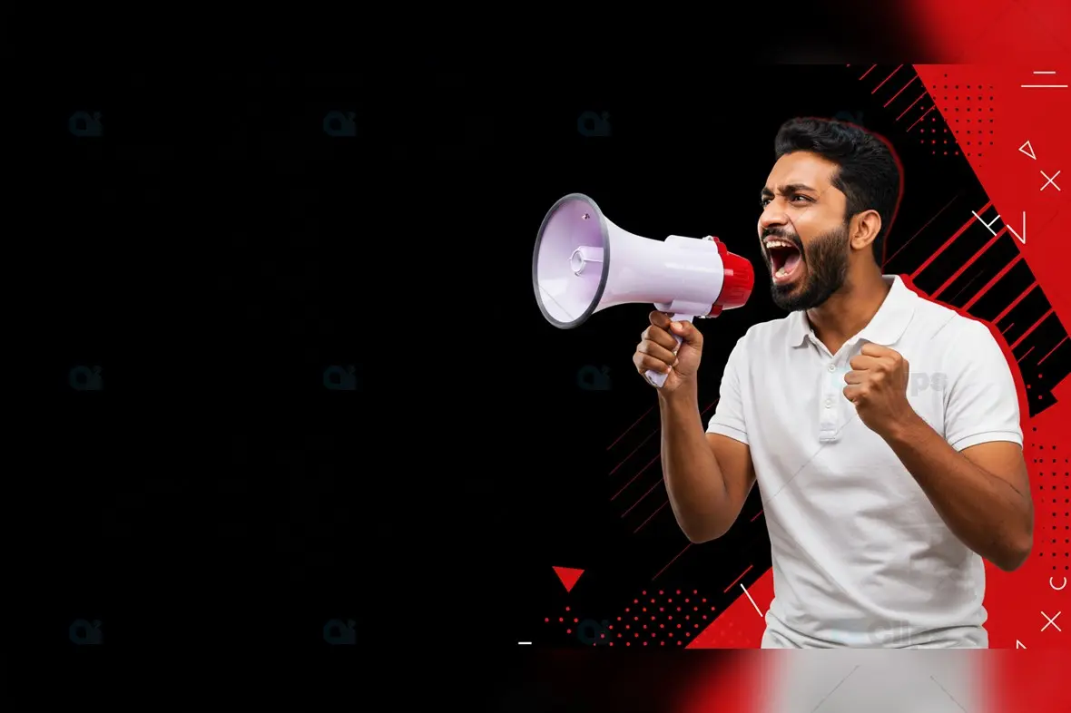 Indian Man Shouting Through Megaphone on Black and Red Background