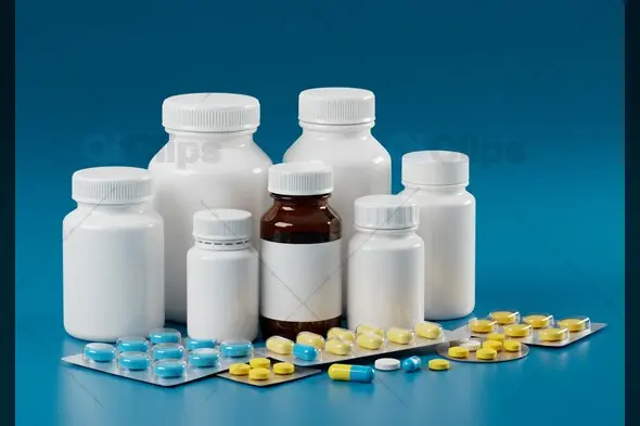 Assorted Medicine Bottles and Pills on Blue Background