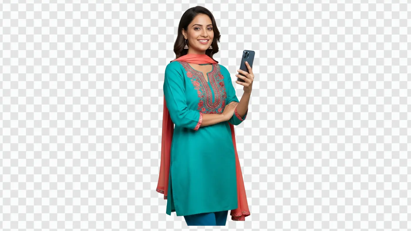 Modern Indian Woman in Kurta Holding Smartphone PNG