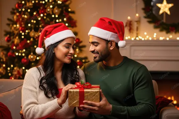 Indian Couple's Festive Christmas Gift Exchange