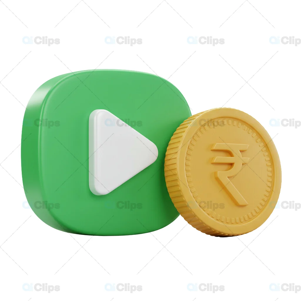 3D Play Button with Indian Rupee Coin