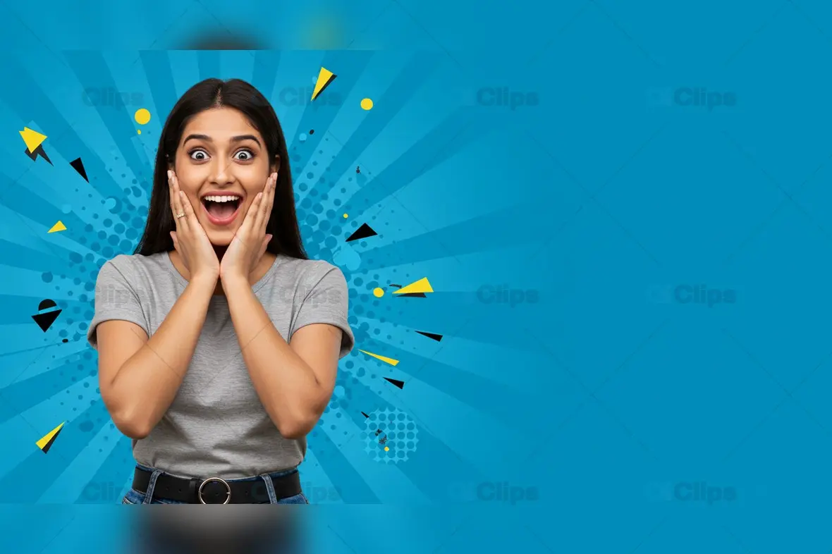 Excited Woman on Blue Burst Background with Geometric Accents