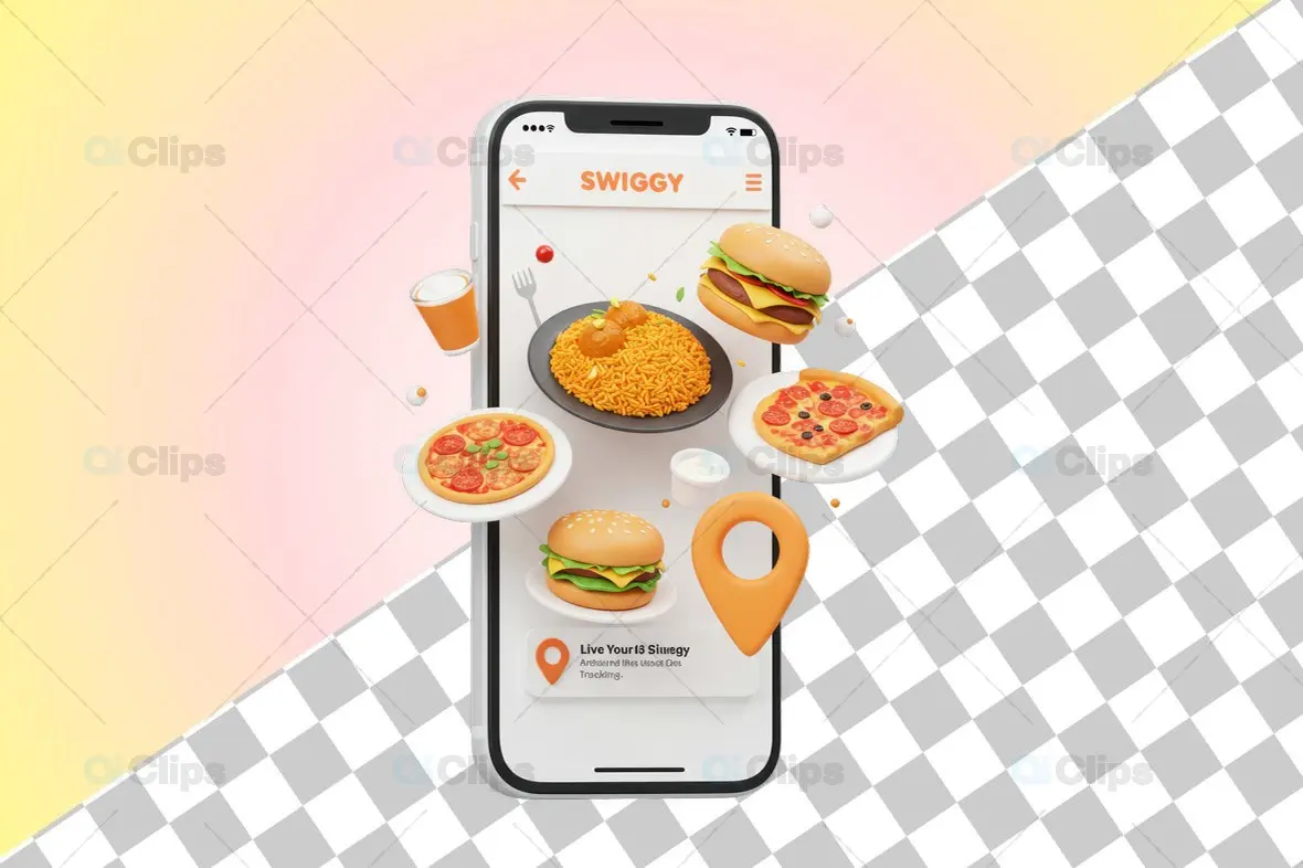 Swiggy-Themed Mobile Food Ordering 3D Illustration