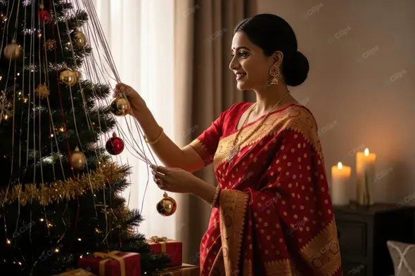 Graceful Woman Decorating a Holiday Tree