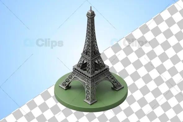 Isometric 3D Eiffel Tower on Circular Green Base