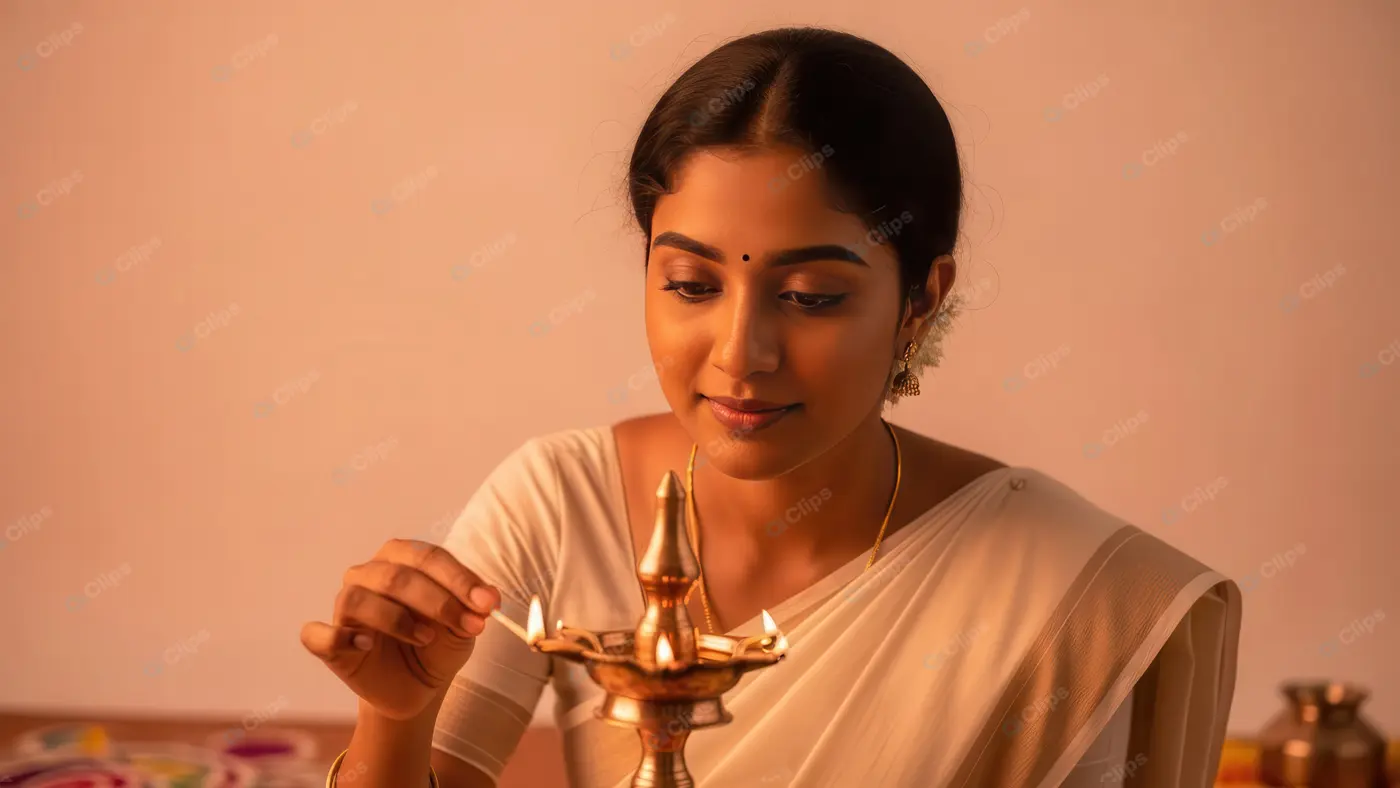 Serene Indian Woman Lighting a Traditional Brass Lamp