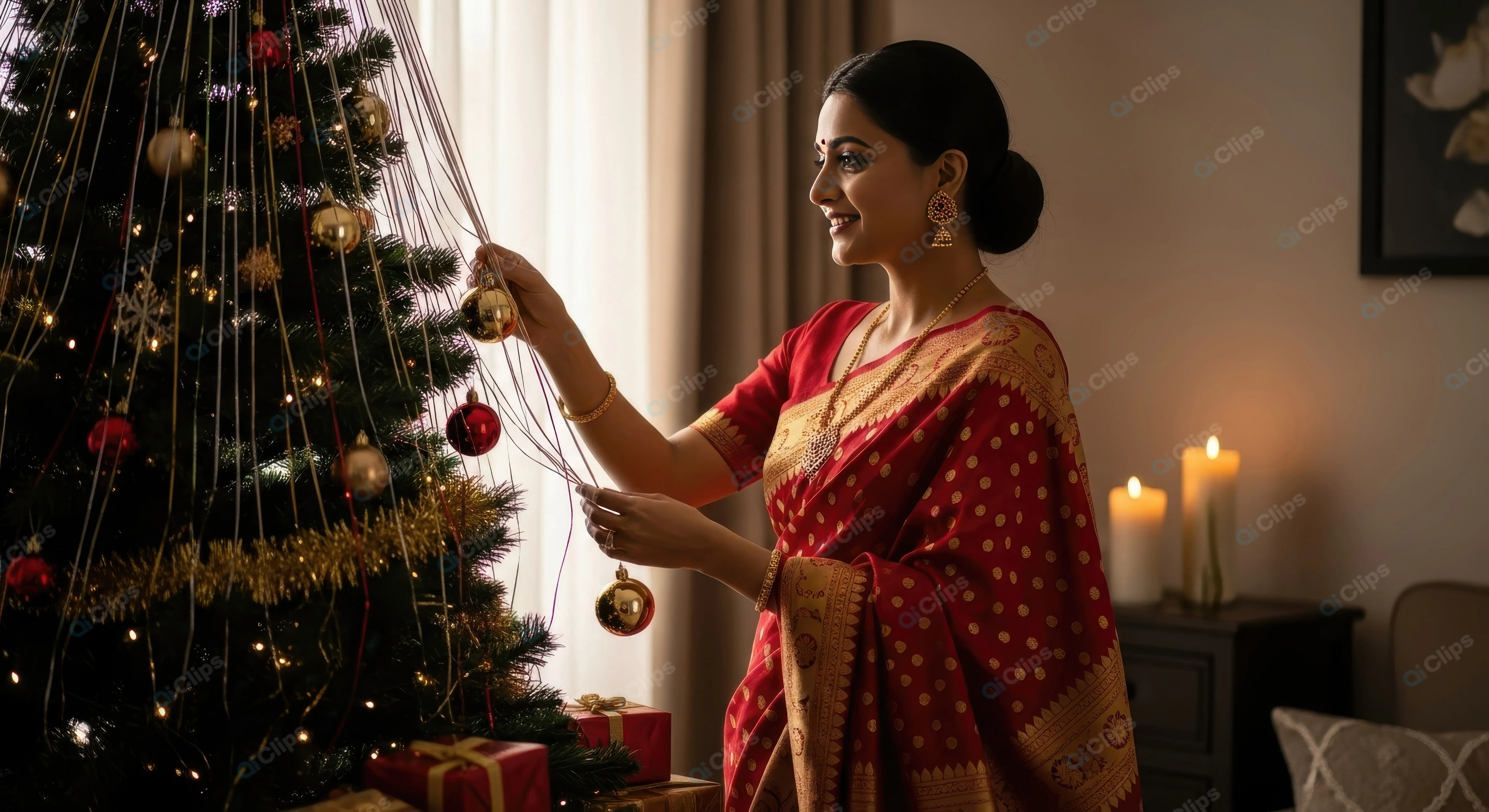 Graceful Woman Decorating a Holiday Tree
