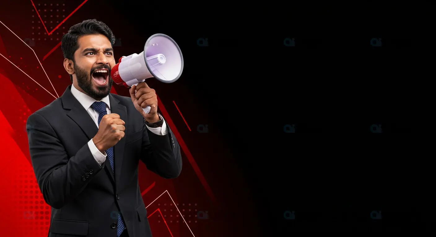 Indian Businessman Shouting Through Megaphone on Bold Red and Black Background
