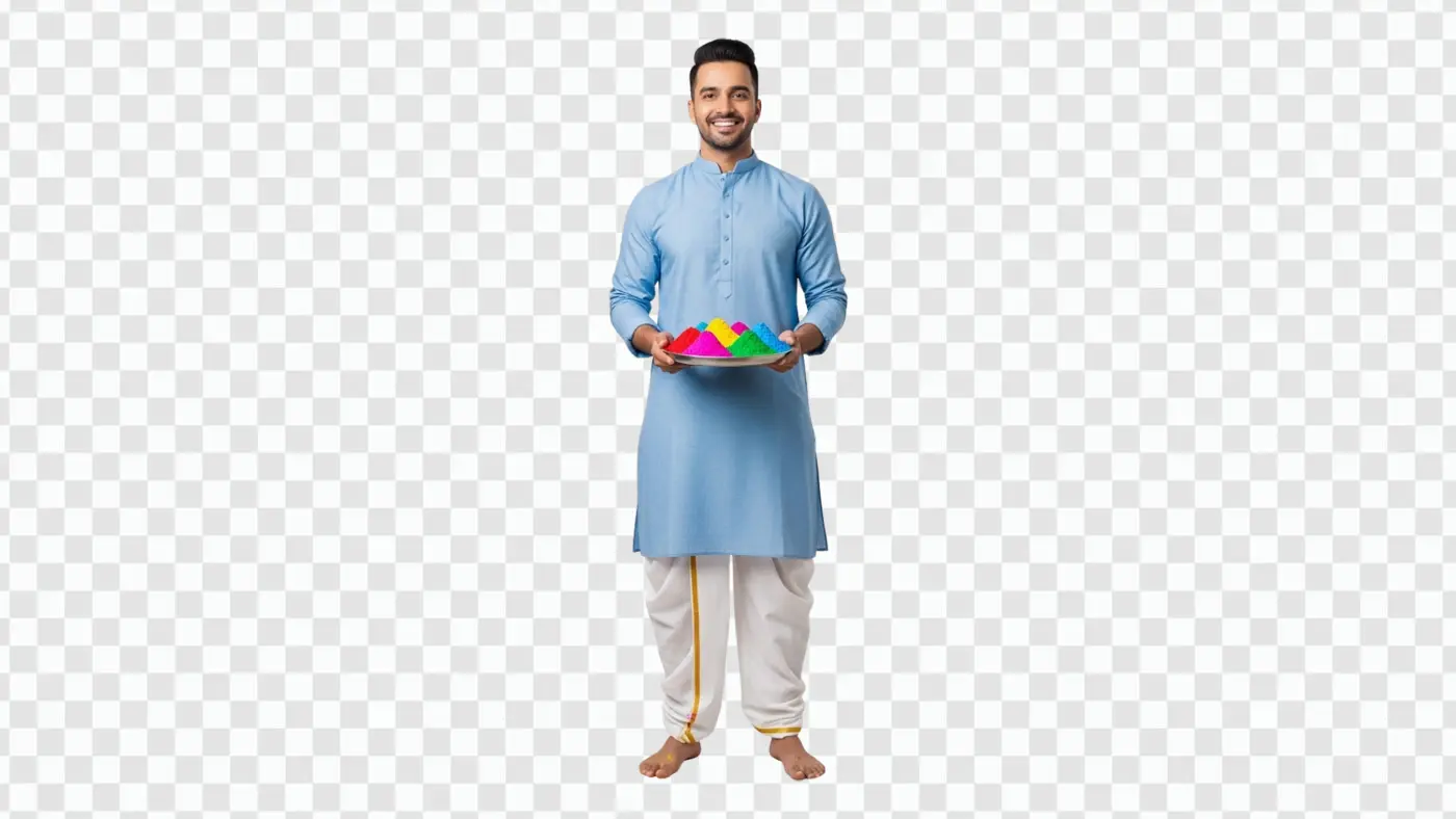 Indian Man in Kurta Holding Holi Colors Plate PNG