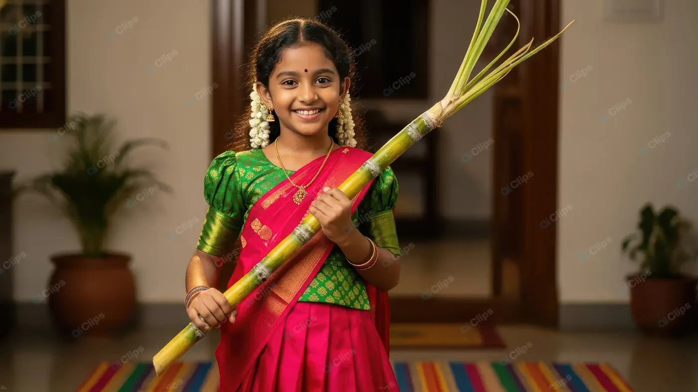Joyful Girl with Sugarcane Celebration