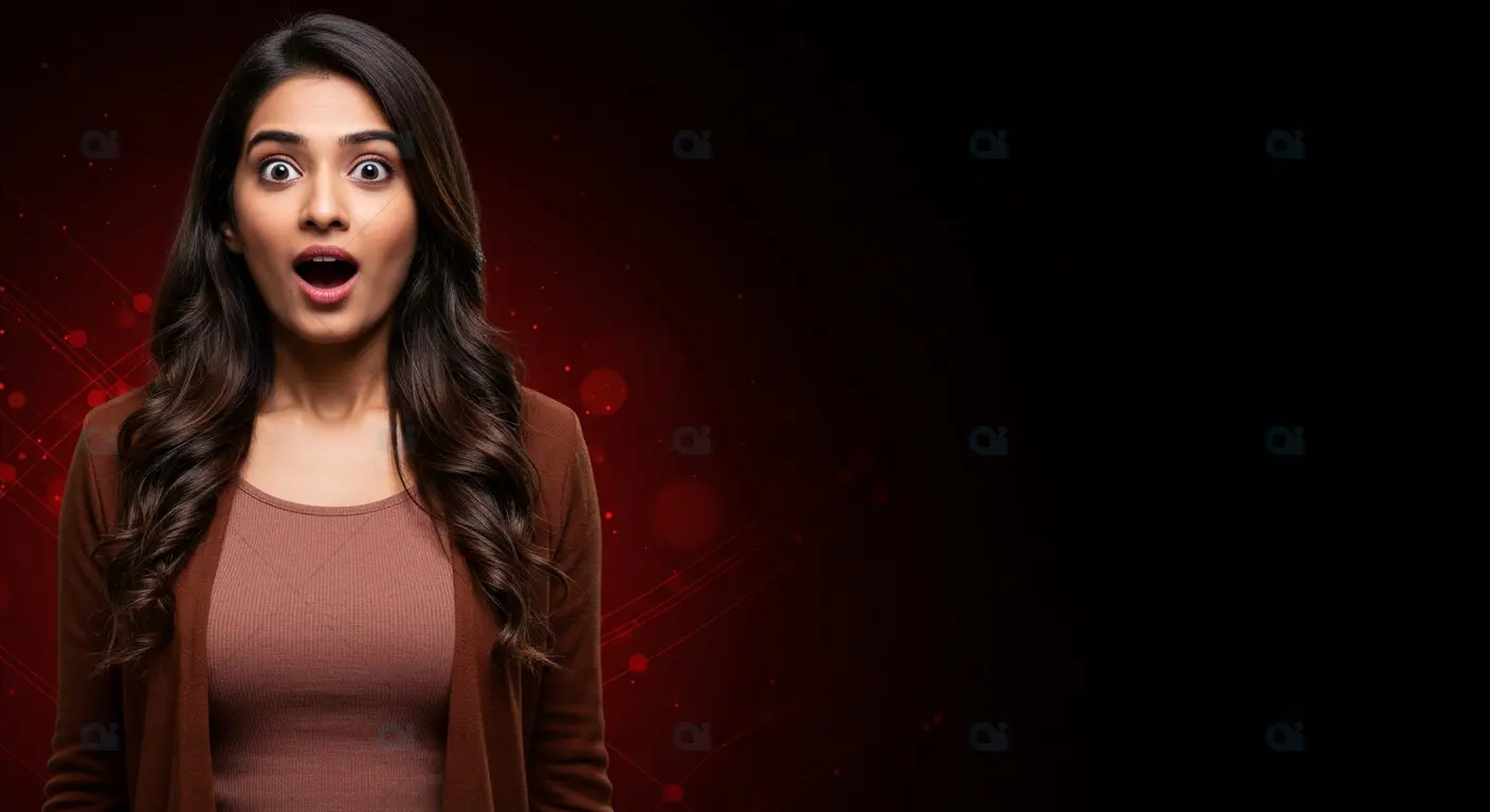 Shocked Woman on Red and Black Abstract Background