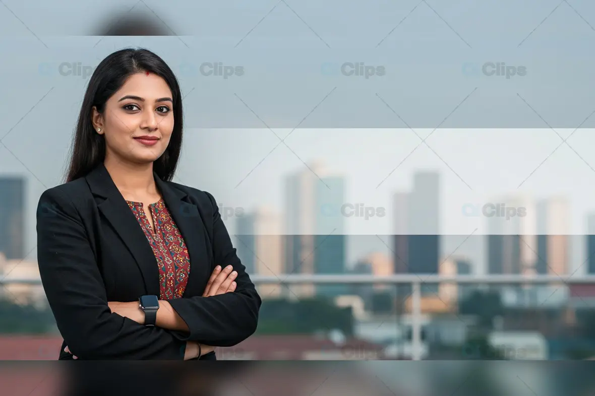 Confident Businesswoman with Cityscape Background