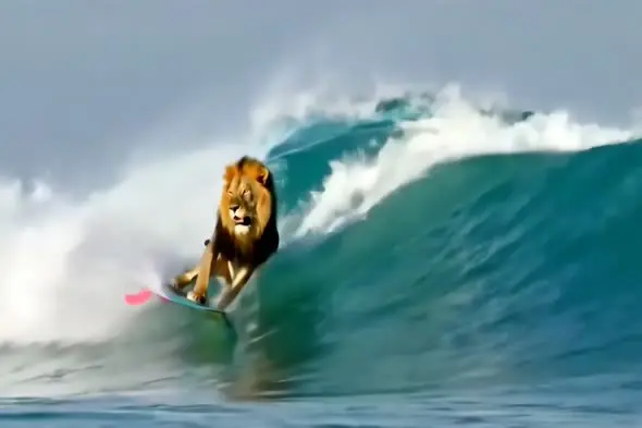 Lion Surfing Ocean Wave on Surfboard - Composite Art
