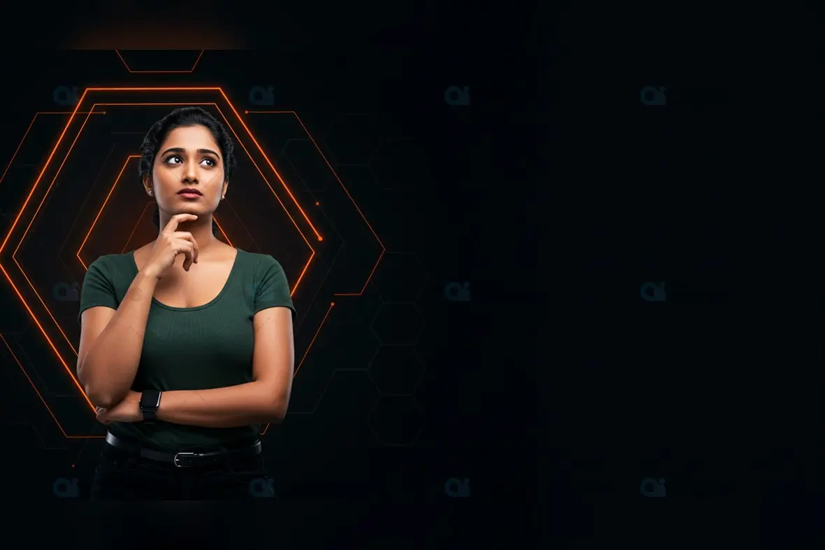 Indian Woman in Thoughtful Pose on Black and Orange Tech Background