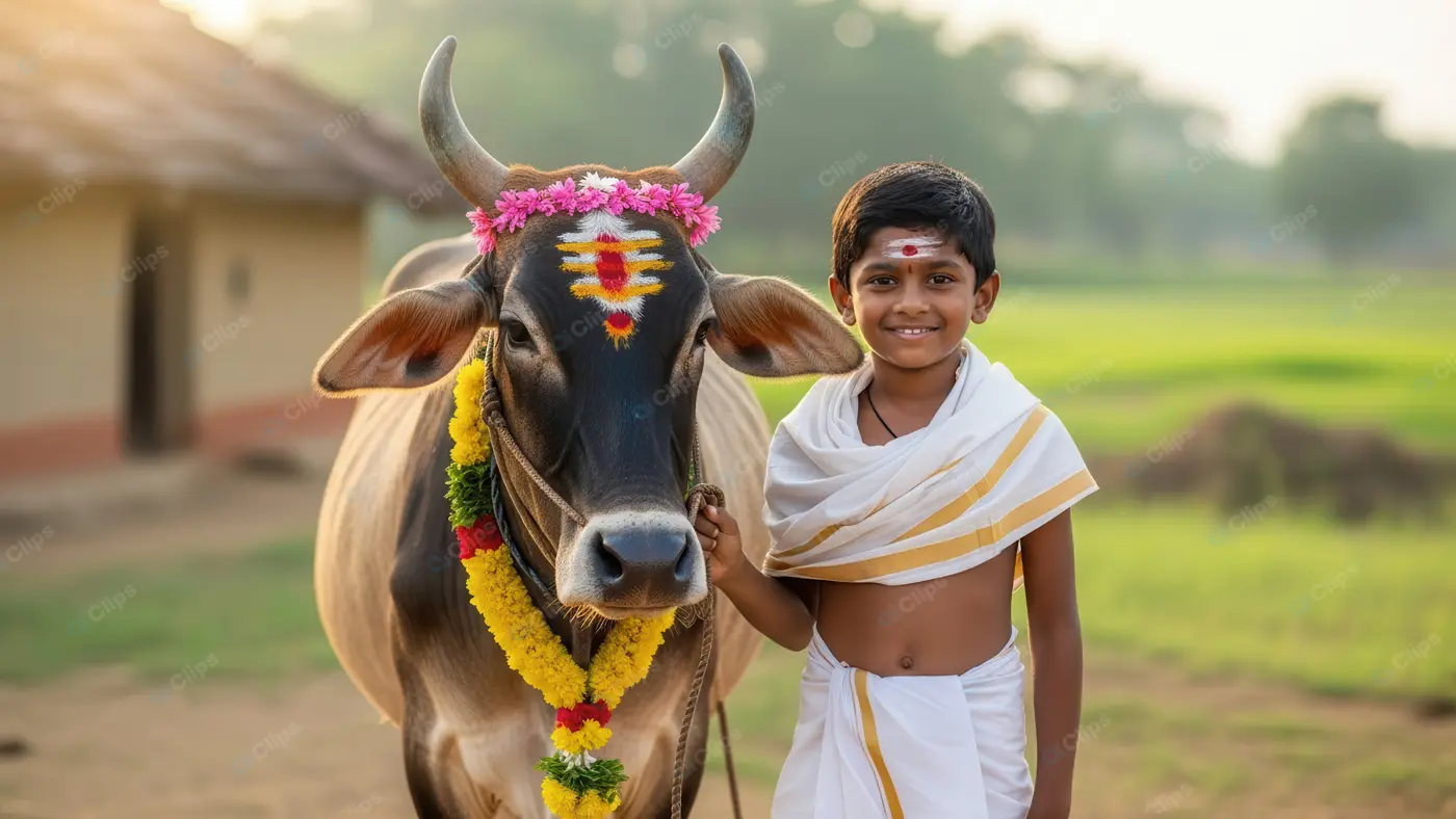 Traditional Indian Festival Boy and Sacred Cow