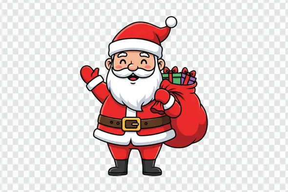 Cheerful Cartoon Santa Claus Waving With Gift Sack PNG