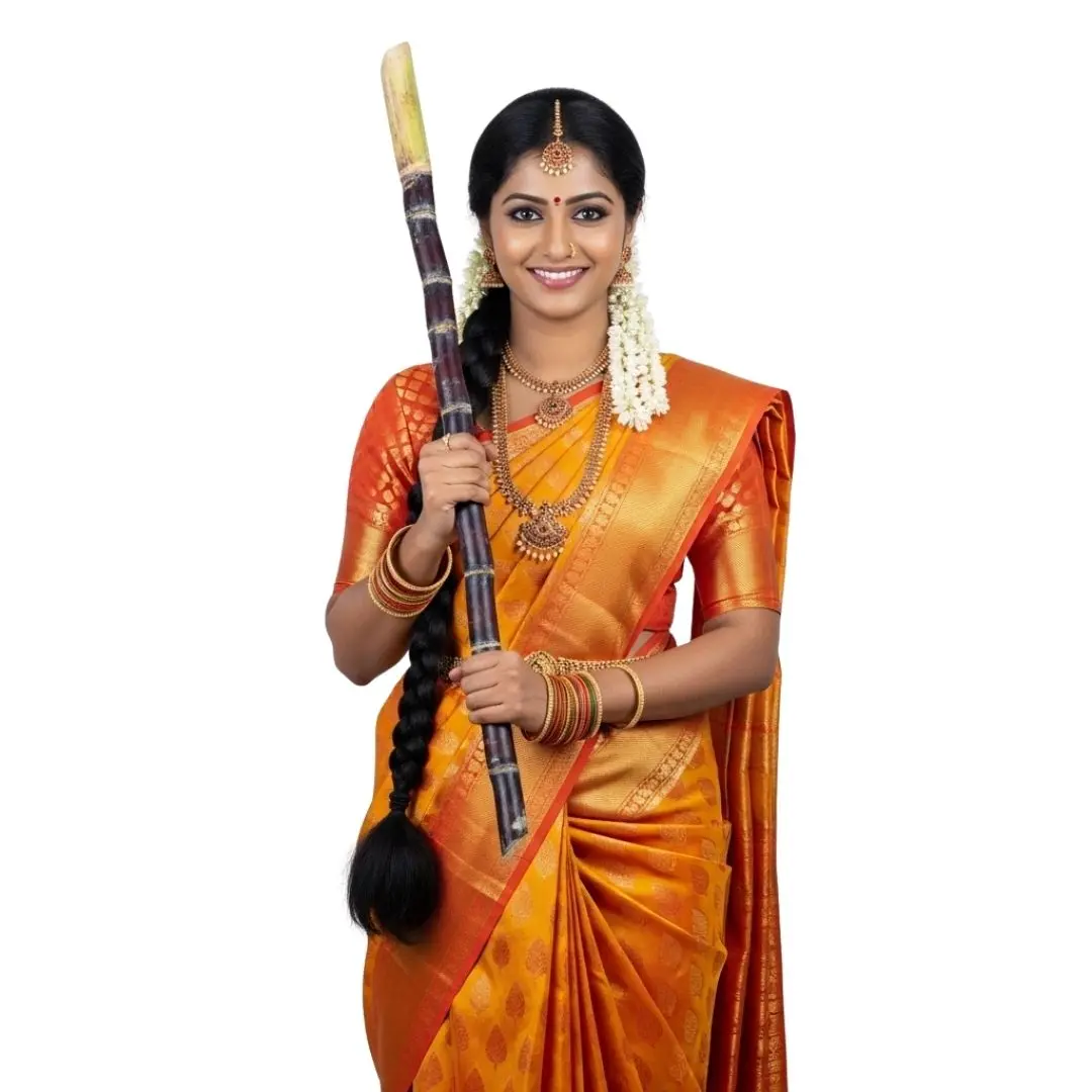 South Indian Woman with Sugarcane Celebrating Pongal PNG