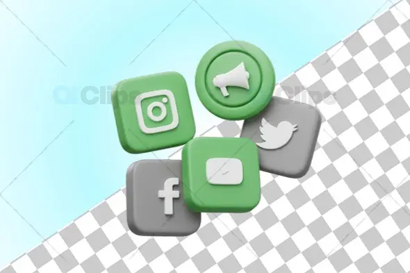 3D Social Media Icons in Green and Gray Color Scheme