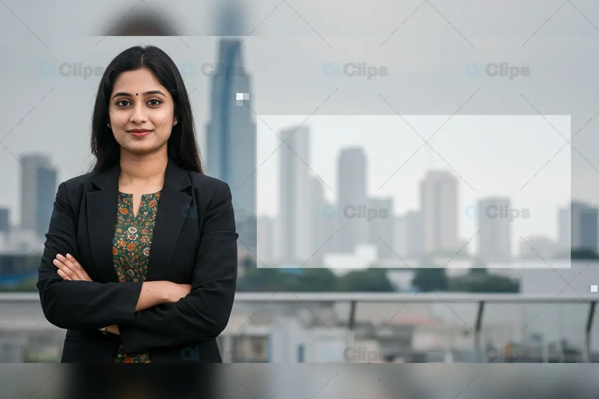 Confident Businesswoman Portrait with Cityscape Background