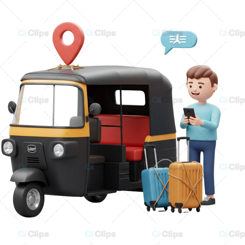 3D Auto Rickshaw with Traveler and GPS Location Pin