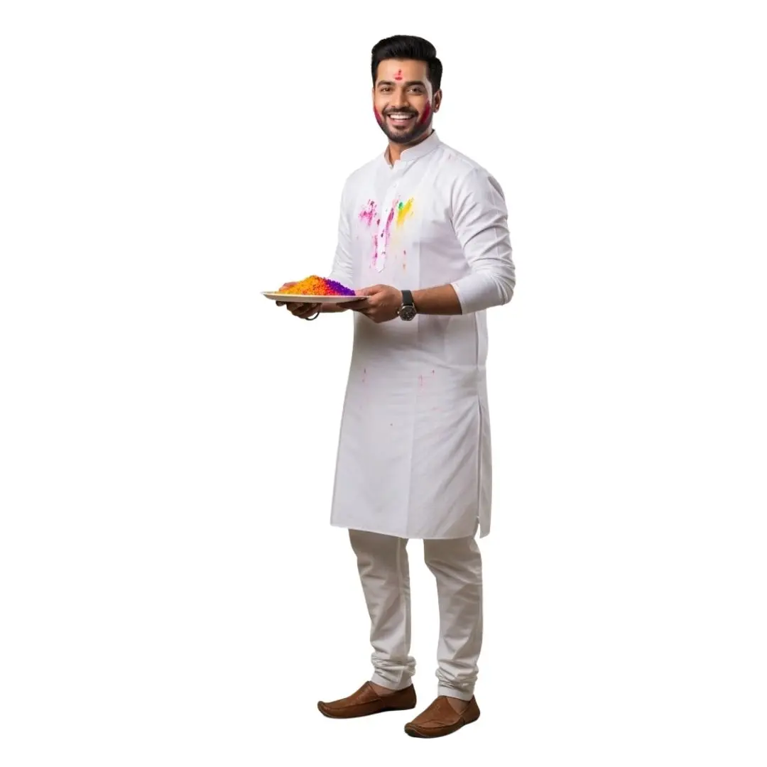 Smiling Indian Man Celebrating Holi with Colors Plate PNG