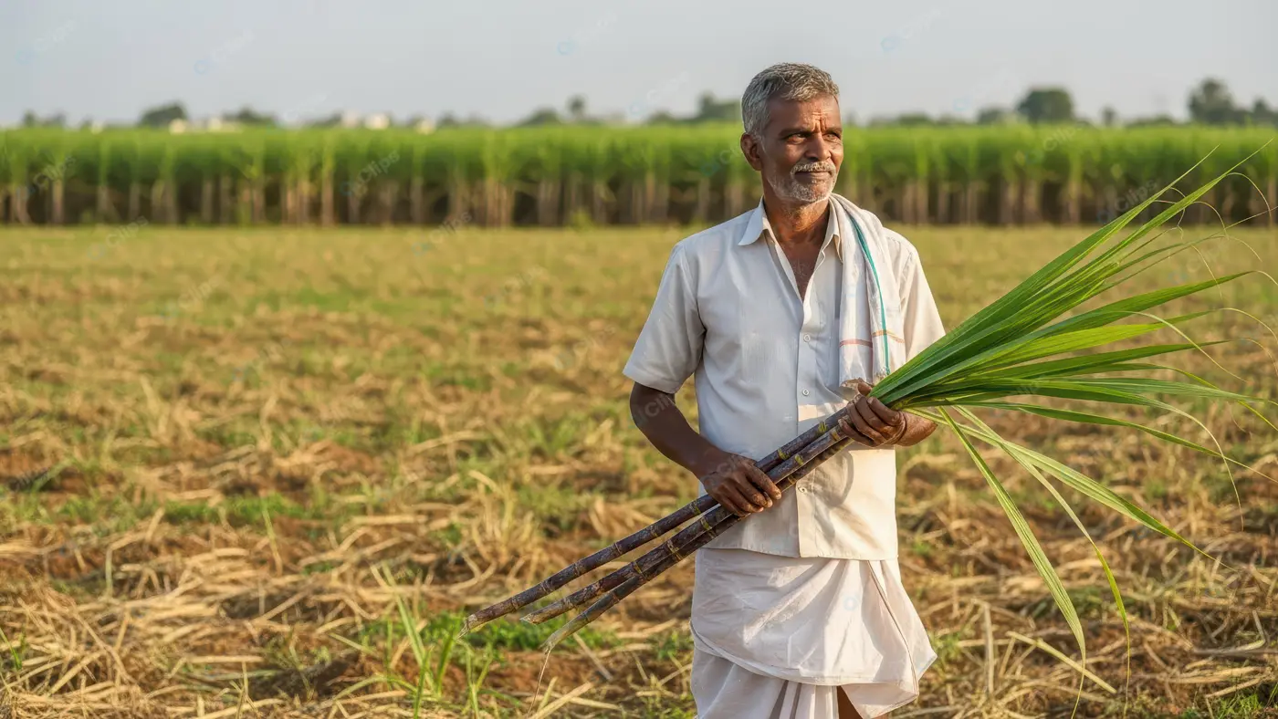 Indian Farmer with Sugarcane Harvest