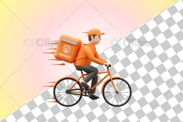 Swiggy Bicycle Delivery Rider - Dynamic 3D Illustration