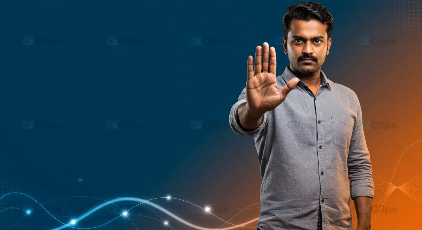 Indian Man Showing Stop Gesture on Blue and Orange Abstract Background