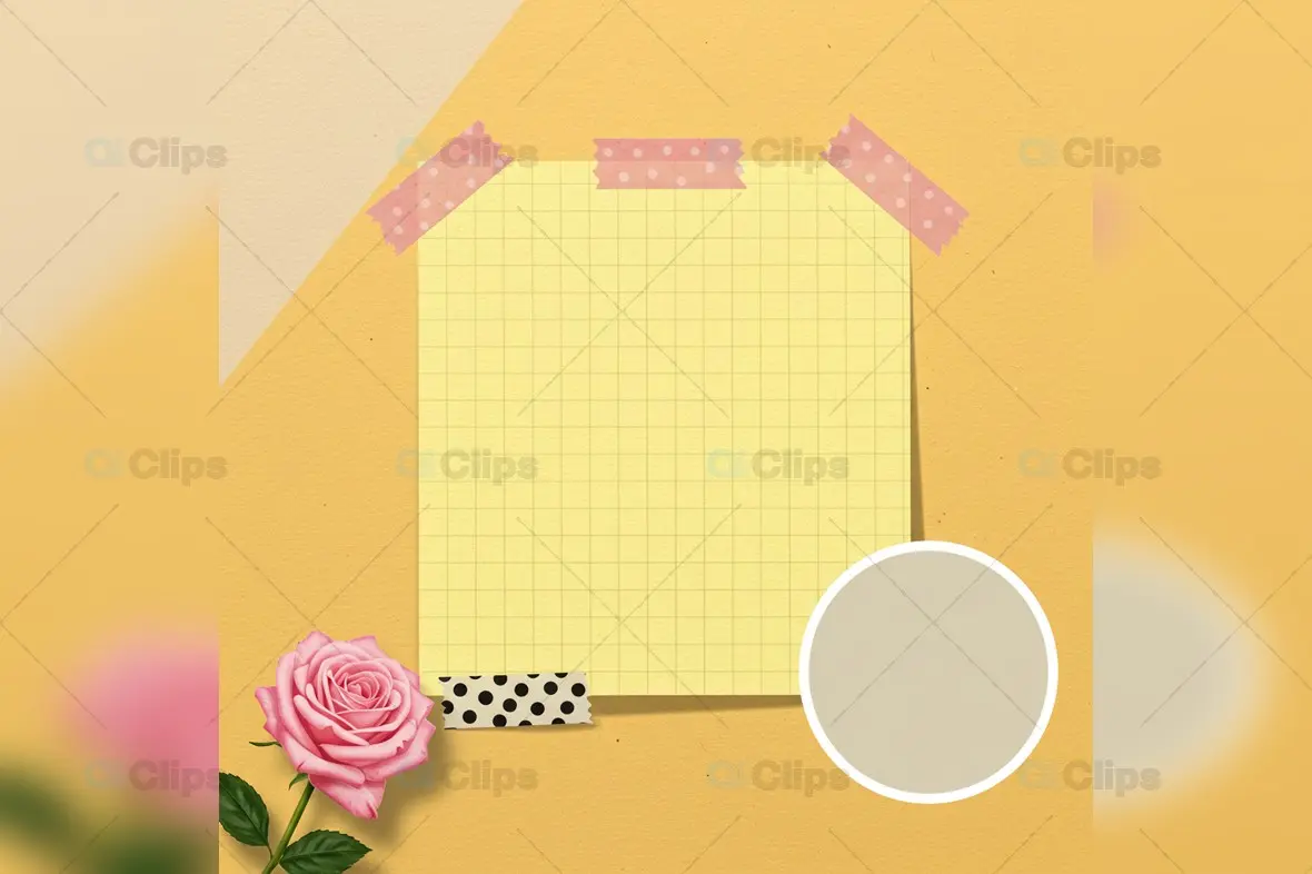Romantic Grid Note Template with Pink Rose and Washi Tape
