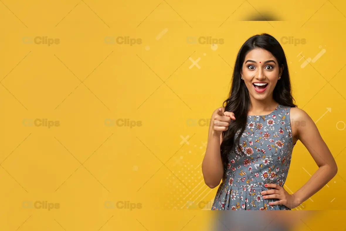 Smiling Indian Woman in Floral Dress on Yellow