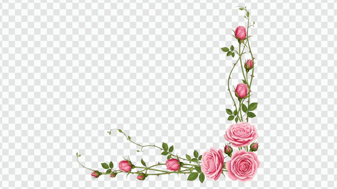 Beautiful Pink Thorny Rose Vine Corner Frame Clipart
