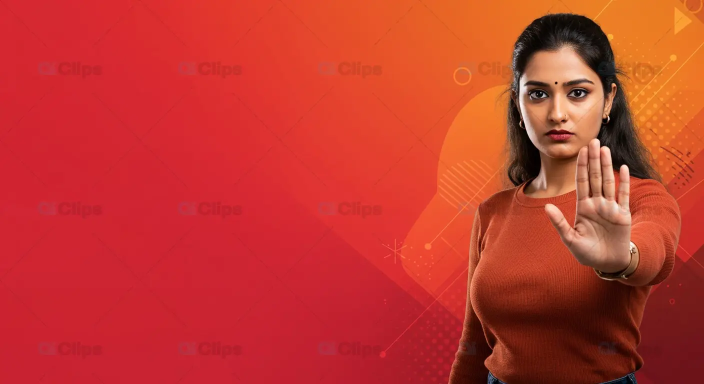 Indian Woman Gesturing Stop on Red and Orange Gradient Background