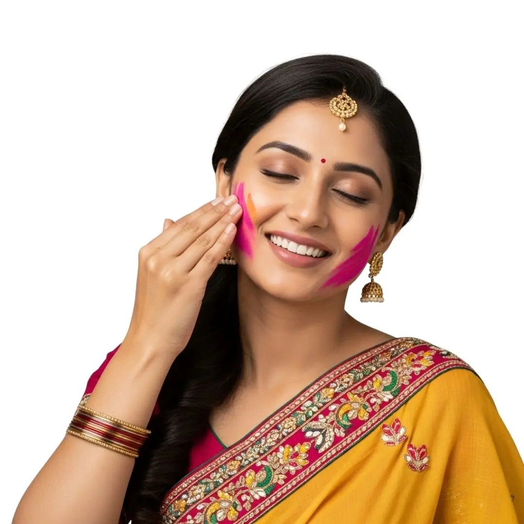 Happy Indian Woman Celebrating Holi Festival with Colors PNG