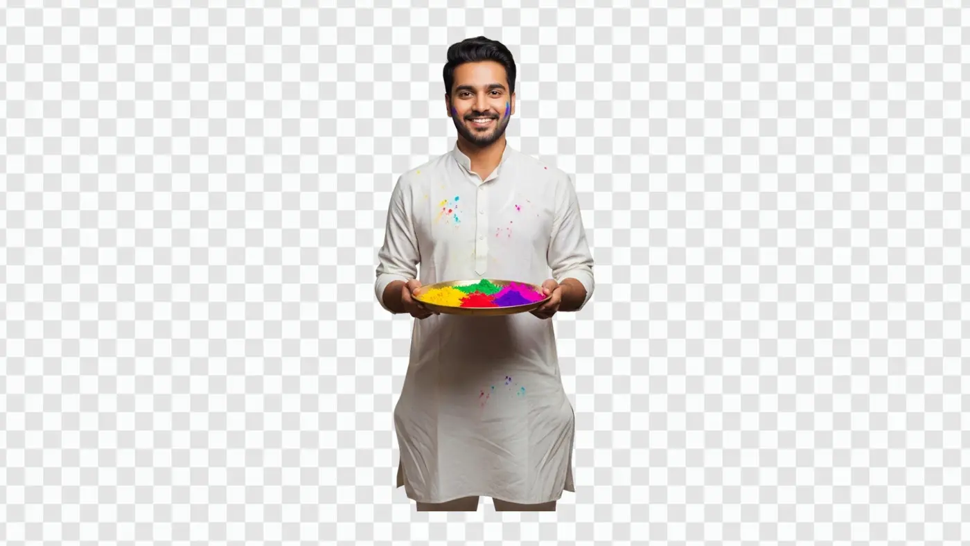 Young Indian Man with Holi Color Plate PNG Clipart
