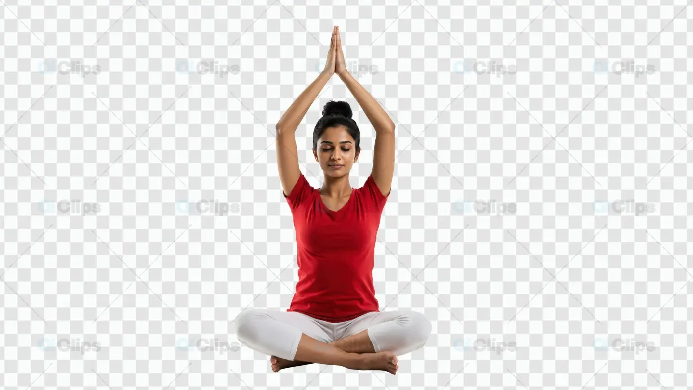 Yoga Meditation Pose with Raised Arms in Red and White Attire