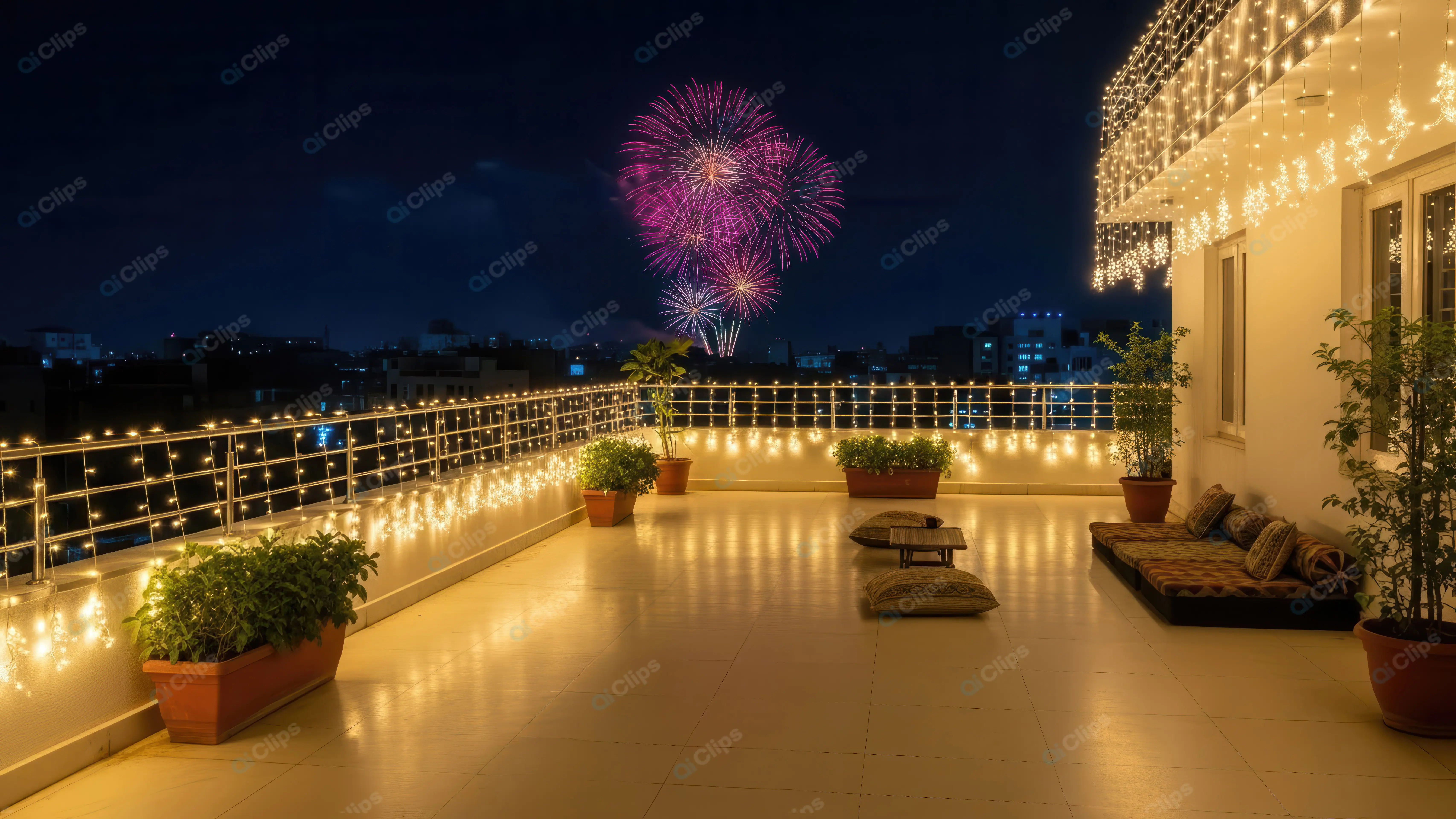 Urban Terrace Celebration with Fireworks