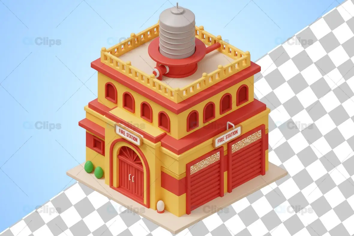 Isometric 3D Fire Station Building with Water Tower