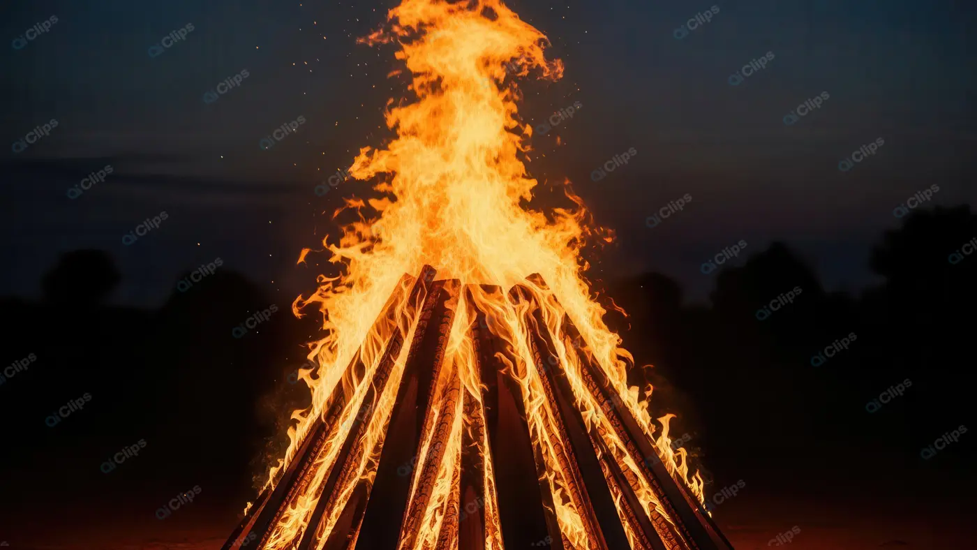 Towering Flames of a Ceremonial Fire at Dusk