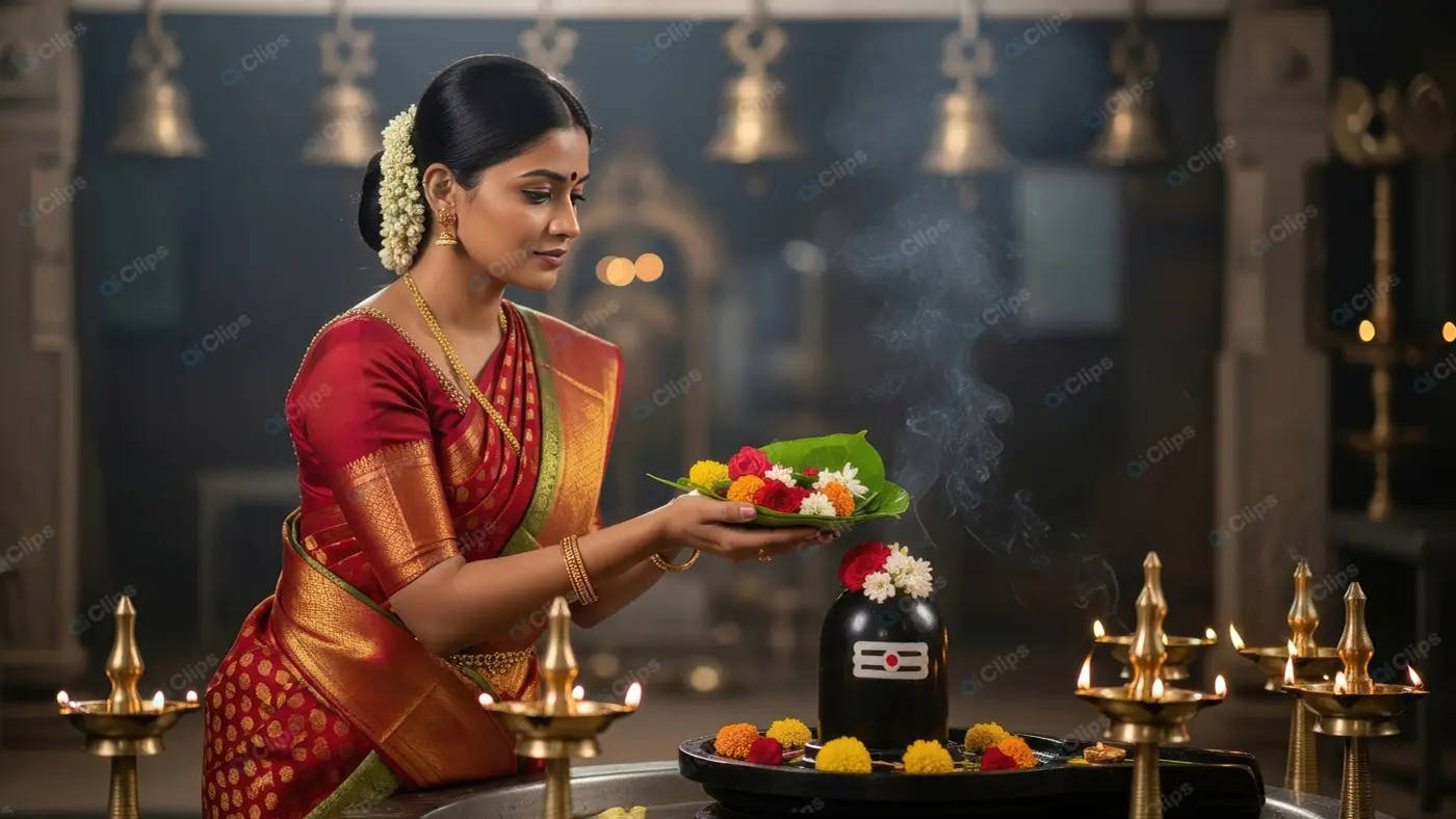 Serene Woman's Offering at a Temple
