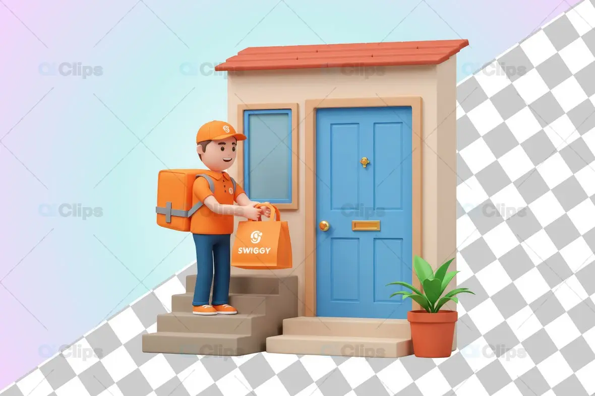 Swiggy-Themed Delivery Person 3D Illustration