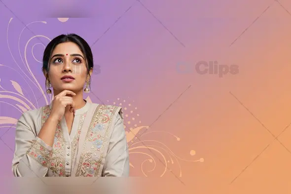 Indian Woman in Thoughtful Pose on Pastel Gradient Floral Background