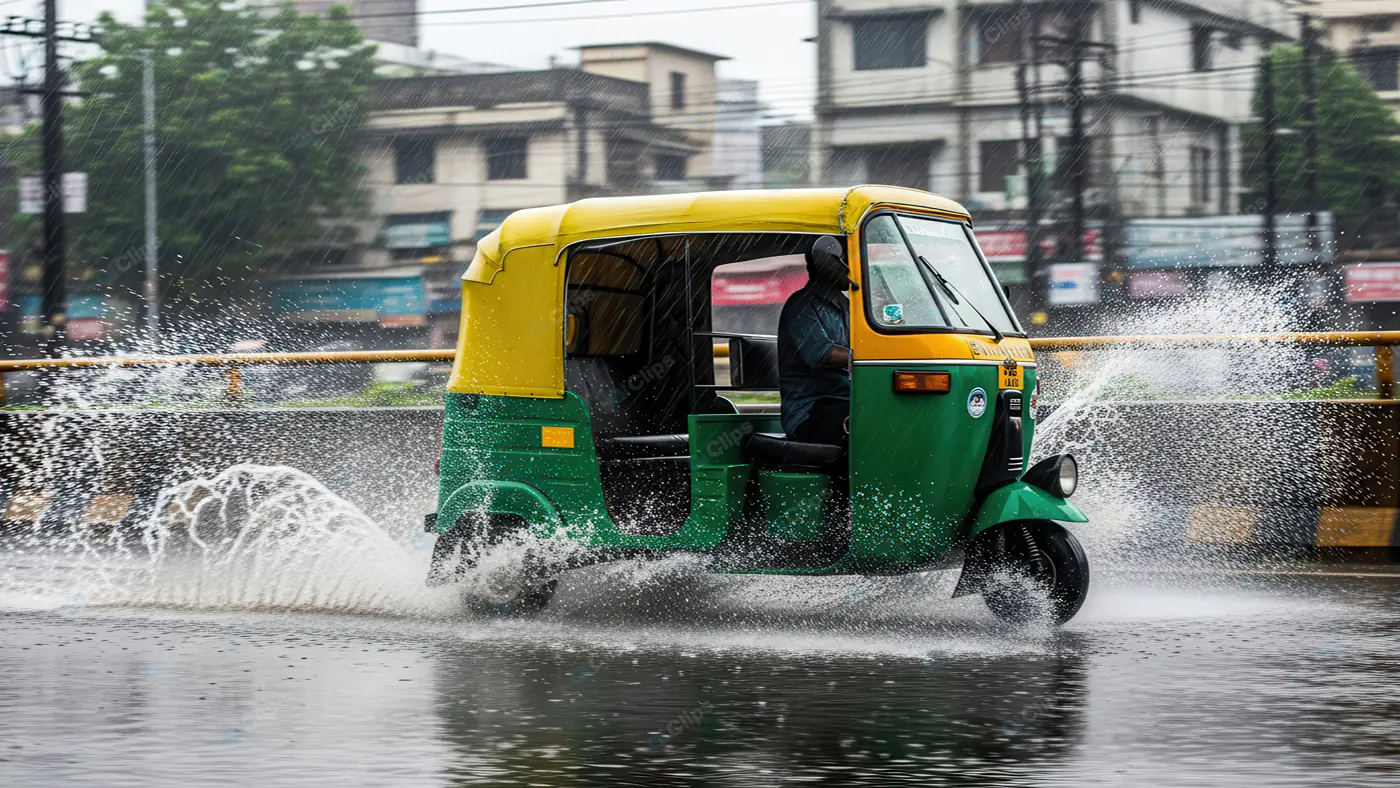 Auto Rickshaw Splashing Through Monsoon