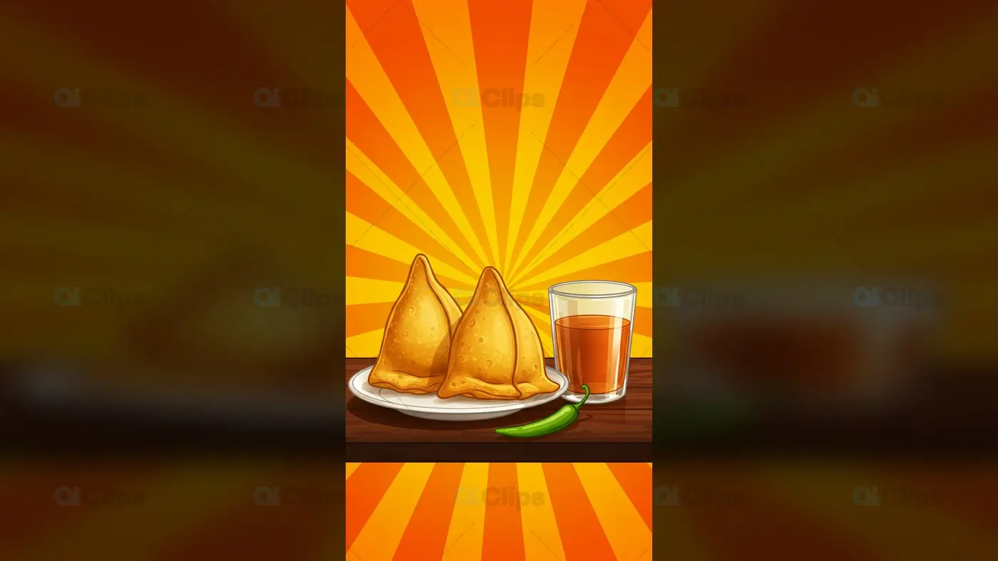 Illustration of Samosa with Chai and Chili on Wooden Table