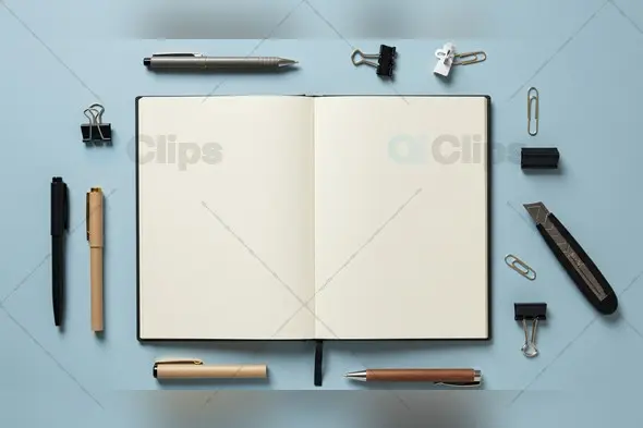 Open Notebook with Stationery on Blue Background