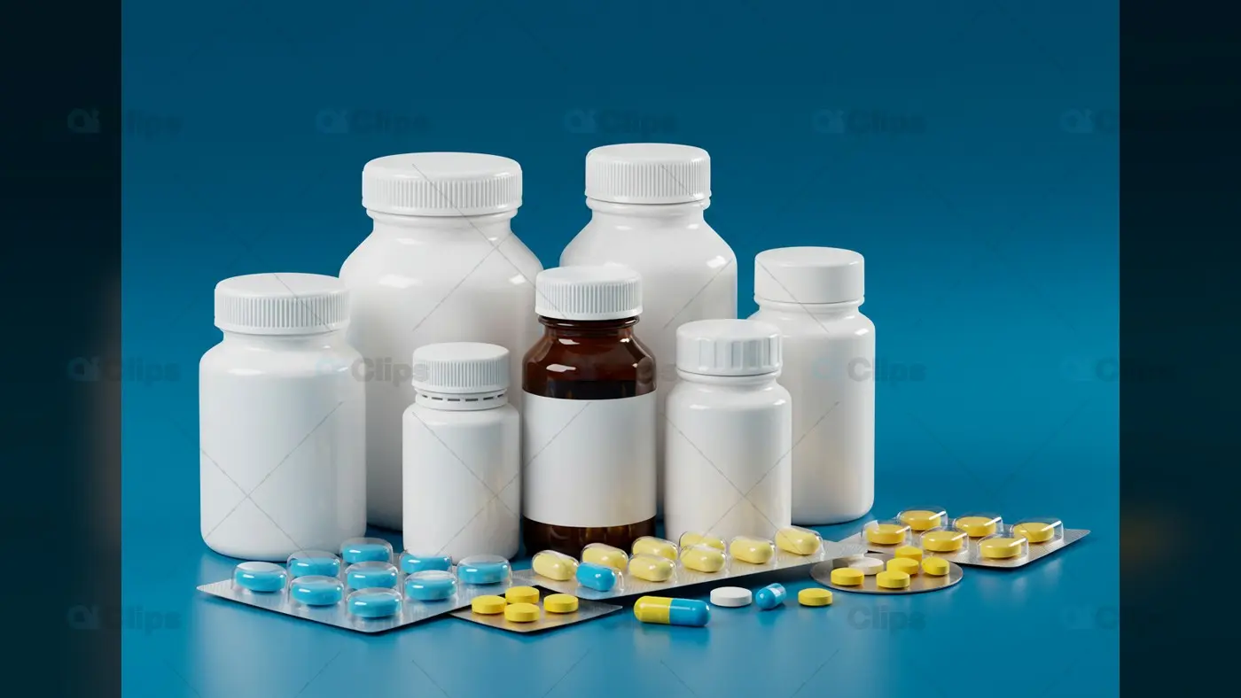 Assorted Medicine Bottles and Pills on Blue Background