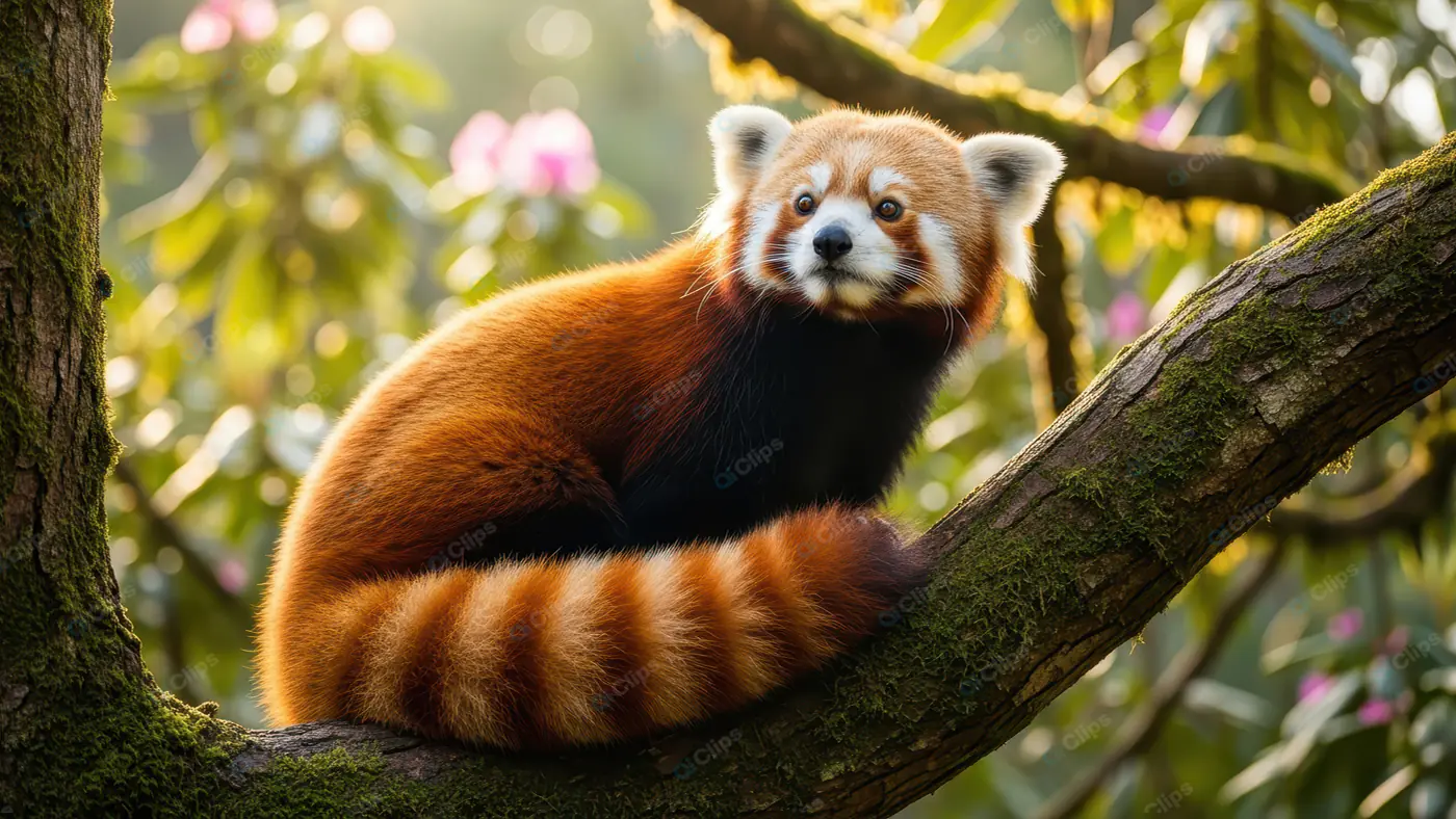 Adorable Red Panda in Blossoming Tree