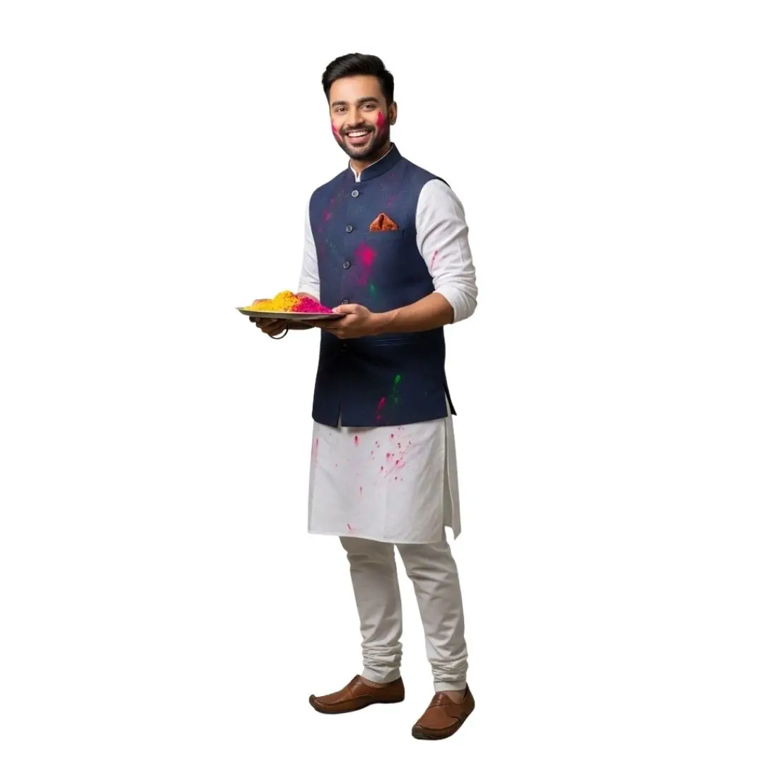 Happy Young Indian Man with Holi Gulal Thali PNG